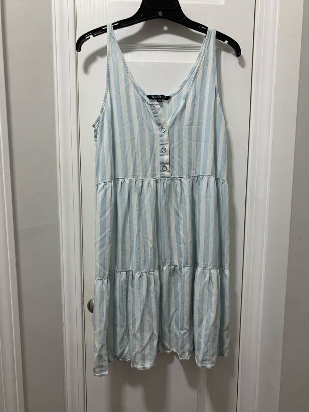 Light Blue & White Striped Tiered Tank Dress